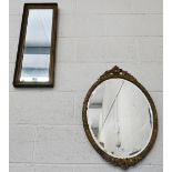 A bevelled oval wall mirror in decorative gilt frame, 45 cm wide x 64 cm high to/w rectangular