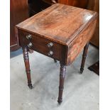 A 19th century mahogany drop leaf side table with two drawers, turned supports and casters