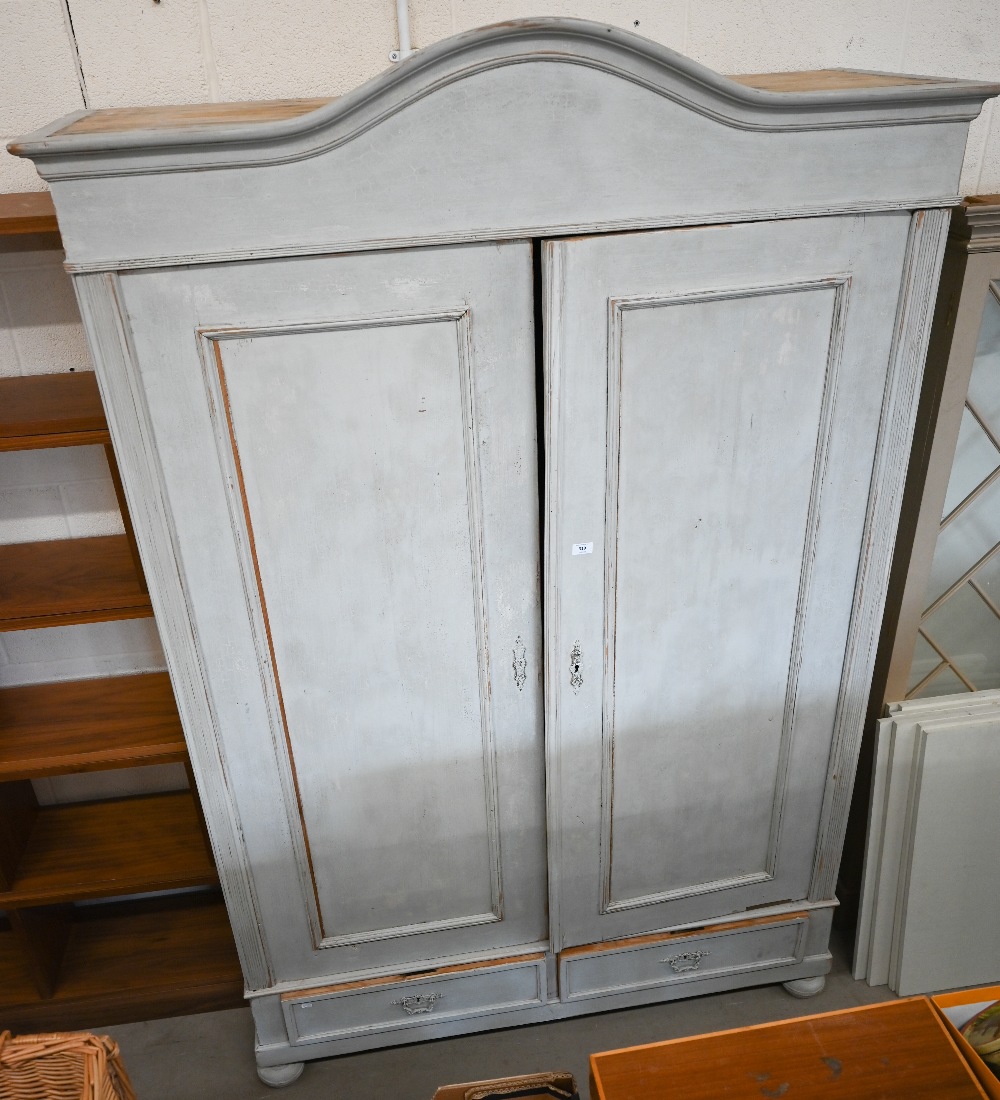 An antique French pine armoire, in distressed duck-egg/grey painted finish , 146 cm wide x 55 cm