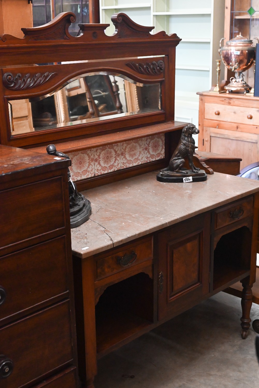 Edwardian walnut marble top washstand with tiled and mirrored raised back, 102 cm wide x 54 cm