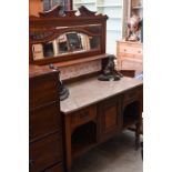 Edwardian walnut marble top washstand with tiled and mirrored raised back, 102 cm wide x 54 cm