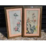 A pair of Japanese painted silk panels, depicting birds, flowers and fruit, signed, 74 x 35 cm,