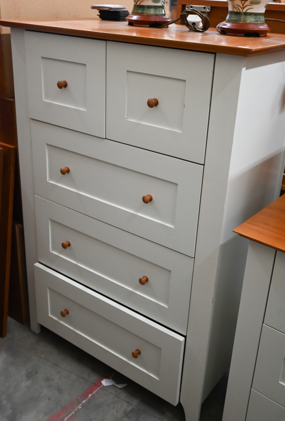 A part painted tallboy with five drawers to/w matching three drawer chest, 88 cm wide x 50 cm deep x - Image 3 of 3