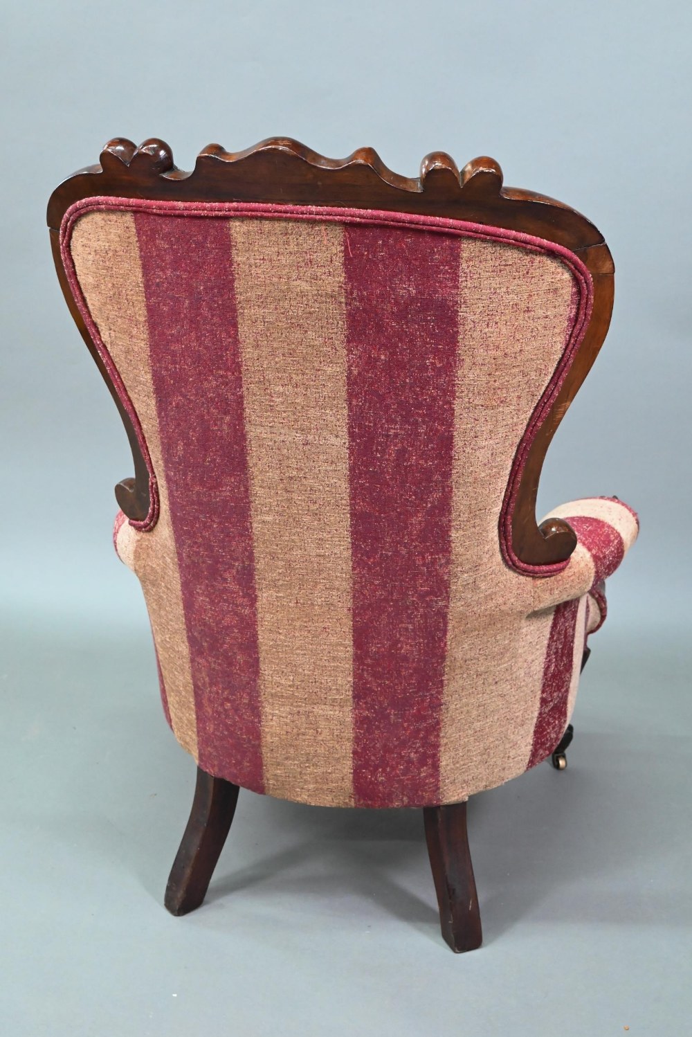 A late Victorian rosewood show framed salon chair, with later button upholstered covers, the front - Image 6 of 6