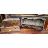 A 19th century walnut inlaid work box to/w hardwood stationery box and pine spice rack (3)