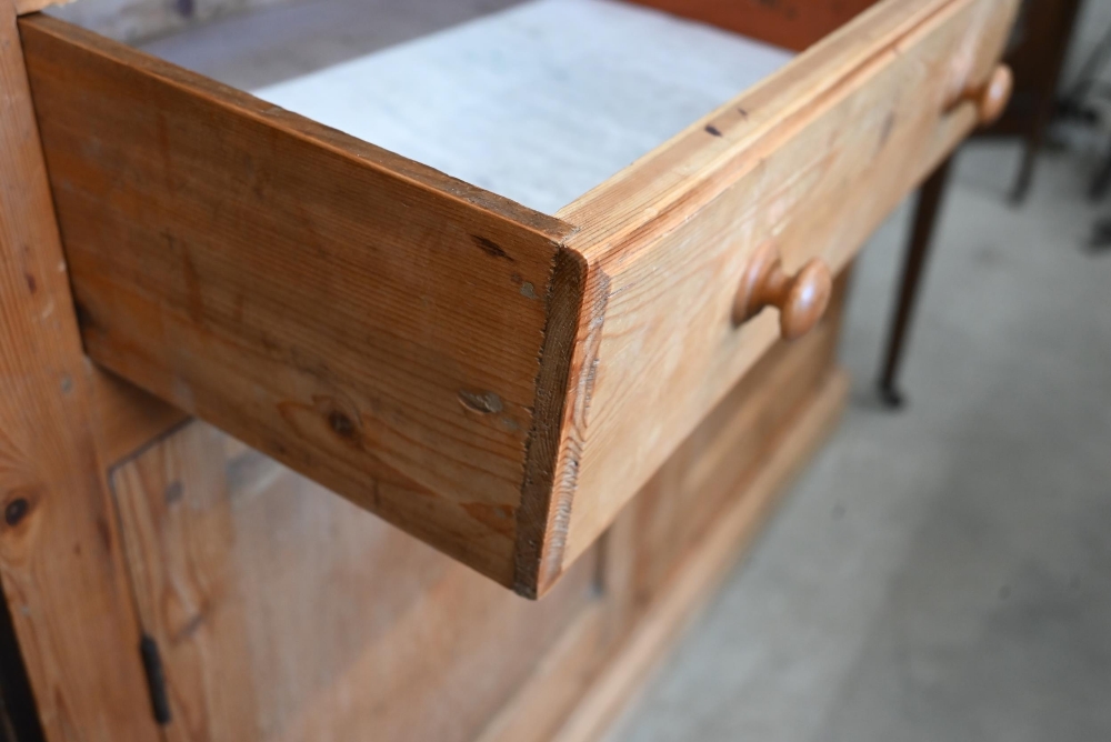 A vintage waxed pine dresser, the raised back with leaded and stained glass doors on base with two - Image 4 of 4