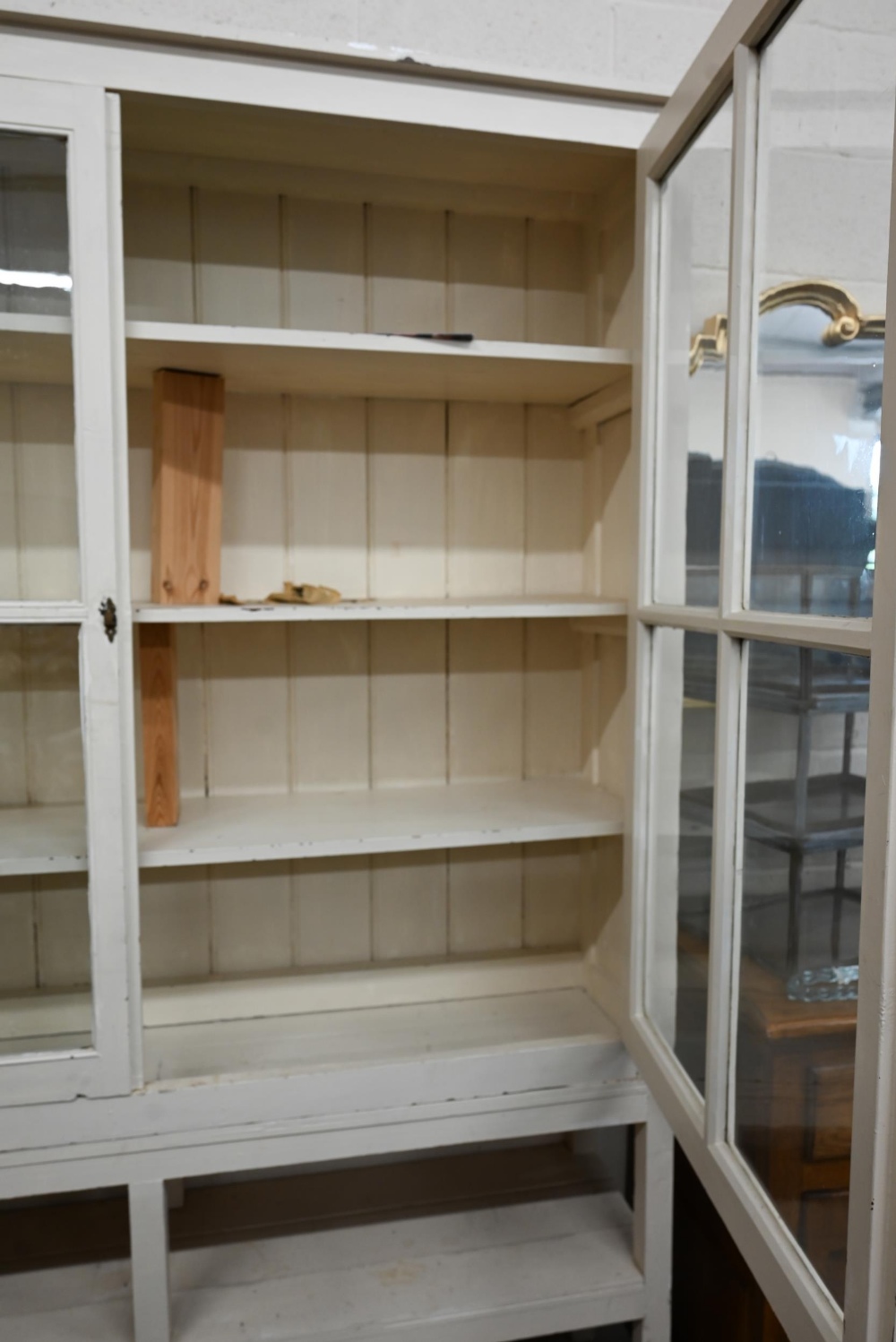 A large cream painted pine bookcase with glazed doors enclosing three shelves with open shelf below, - Image 3 of 4