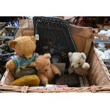 A wicker hamper containing various collectables including Jubel Tone zither, four vintage teddy