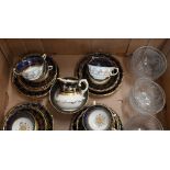 An Aynsley blue and gilt china part tea set, to/w six fern-etched glass finger bowls (box)