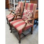 Pair of mahogany framed Gainsborough style open armchairs with red striped upholstery, each with a