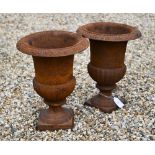 A pair of weathered cast iron Regency style urns, 24 cm dia. x 31 cm h (2)