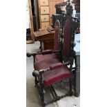 Nine Victorian carved oak dining chairs with burgundy leatherette upholstery, eight standard and one