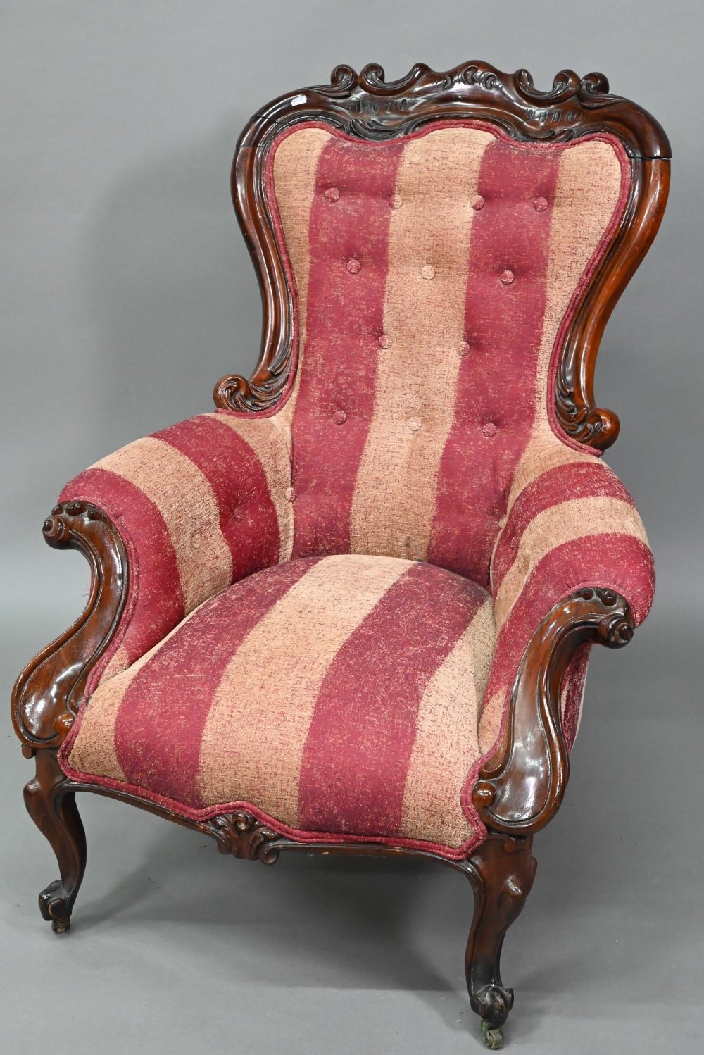 A late Victorian rosewood show framed salon chair, with later button upholstered covers, the front - Image 4 of 6