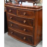 A Victorian mahogany bowfront chest of two short over three long drawers, 118 x 54 x 110 cm h