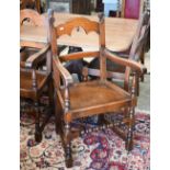 Set of six oak reproduction Yorkshire dining chairs with panelled seats and turned supports, two