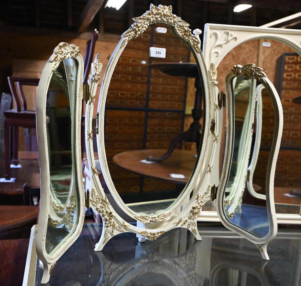 An off-white and gilt folding three panel table top dressing mirror, to/w a white triptych - Image 3 of 3