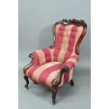 A late Victorian rosewood show framed salon chair, with later button upholstered covers, the front