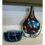 A Mdina coloured glass paperweight bottle/vase, to/w a similar roundel weight (2)
