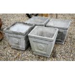 Four weathered cast stone square tapering planters, each 36 cm x 36 cm x 36 cm h (4)