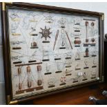 A framed display of maritime knots and tackle