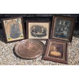 An Eastern copper tray, to/w four large antique family photographs (5)