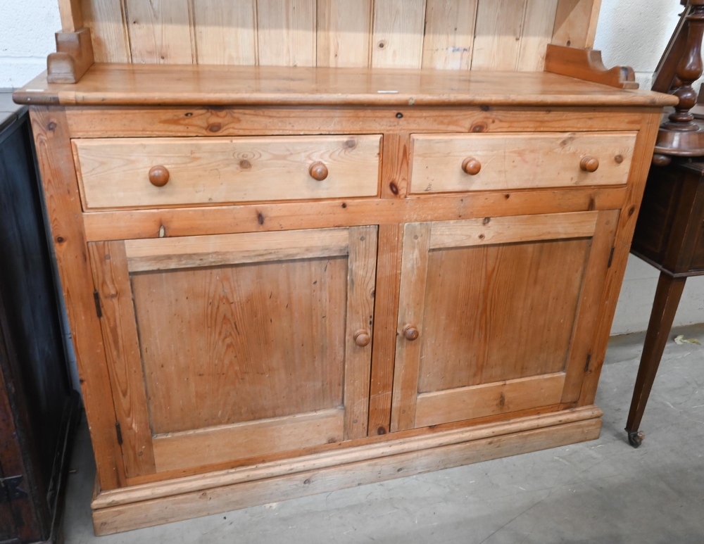 A vintage waxed pine dresser, the raised back with leaded and stained glass doors on base with two - Image 2 of 4