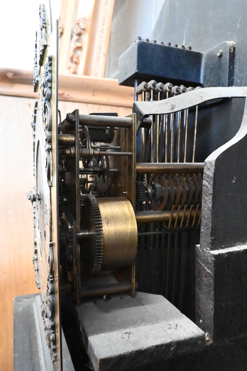 An oak shortcase clock with geometric panelled case, brass dial and triple train movement, - Image 5 of 5