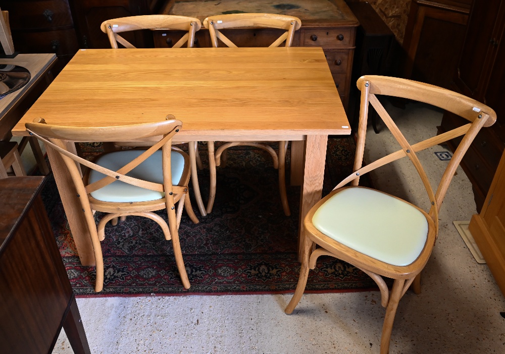 An oak table on square legs, 120 cm x 80 cm x 76 cm h to/with a set of four JB Global Thonet style - Image 2 of 3