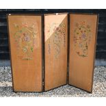 A three-panel folding screen with floral crewel embroidery, 156 cm wide x 135 cm high overall