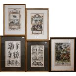 Five antique engravings - beekeepers with Virgil's Georgicks framed to verso; Emperors and officers,