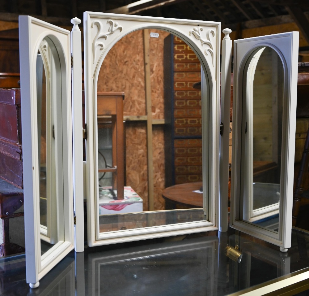 An off-white and gilt folding three panel table top dressing mirror, to/w a white triptych - Image 2 of 3