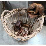 A pair of vintage bale-hooks, to/w a carved wood grisly bear, two carved bird book-ends and a wicker