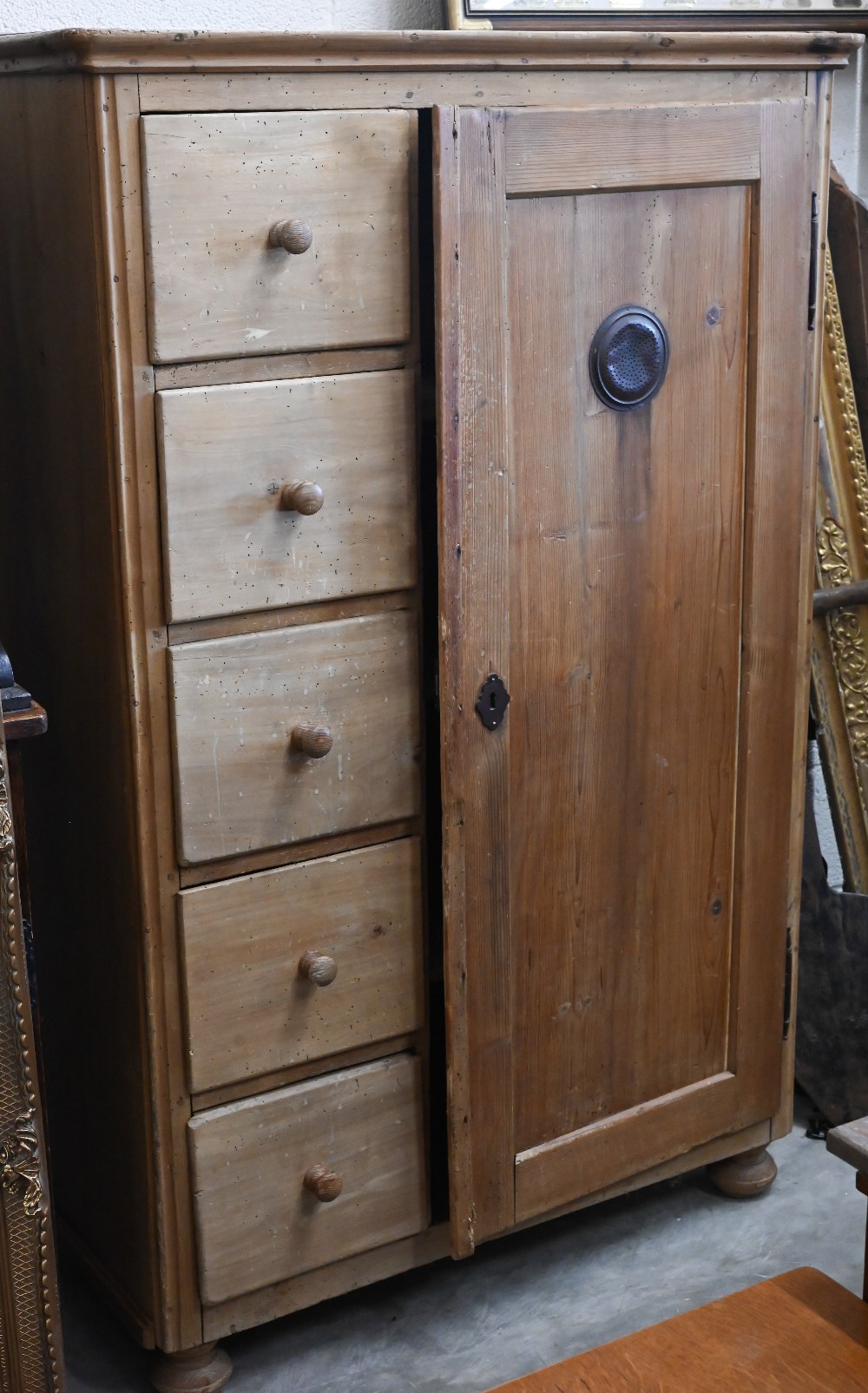 An antique pine pantry/larder cupboard with five drawers, 102 cm wide x 42 cm deep x 157 cm high