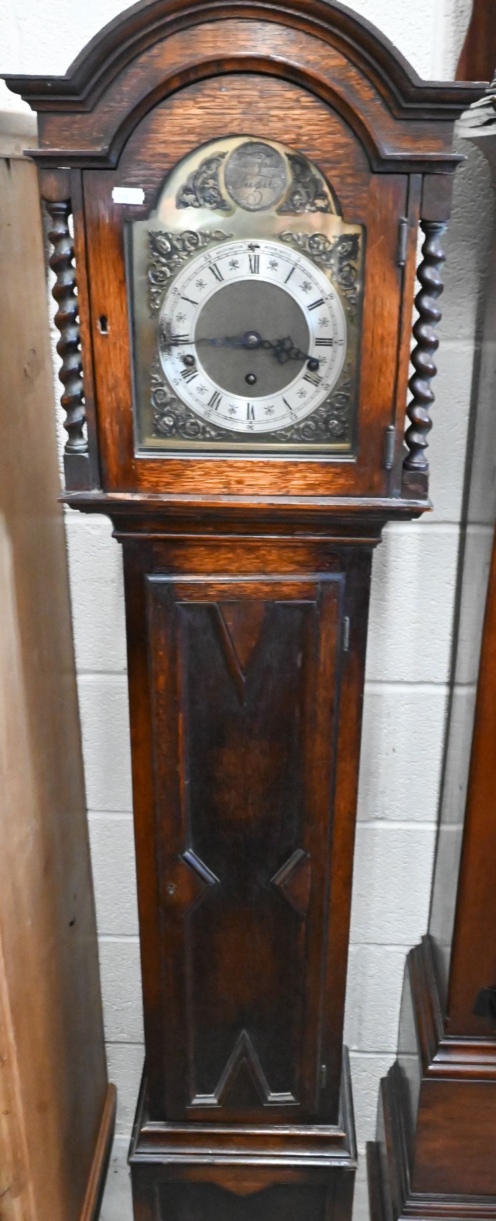 An oak shortcase clock with geometric panelled case, brass dial and triple train movement, - Image 2 of 5