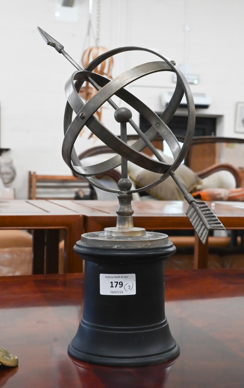 A modern brass Armillary sundial, 15 cm diameter, to/w a counter-bell on a bracket and a brass - Image 2 of 3