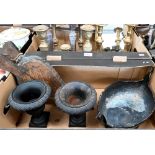 Four pairs of metal candlesticks, a girandole mirror, pair of cast iron urns, 'Peacock' fruit