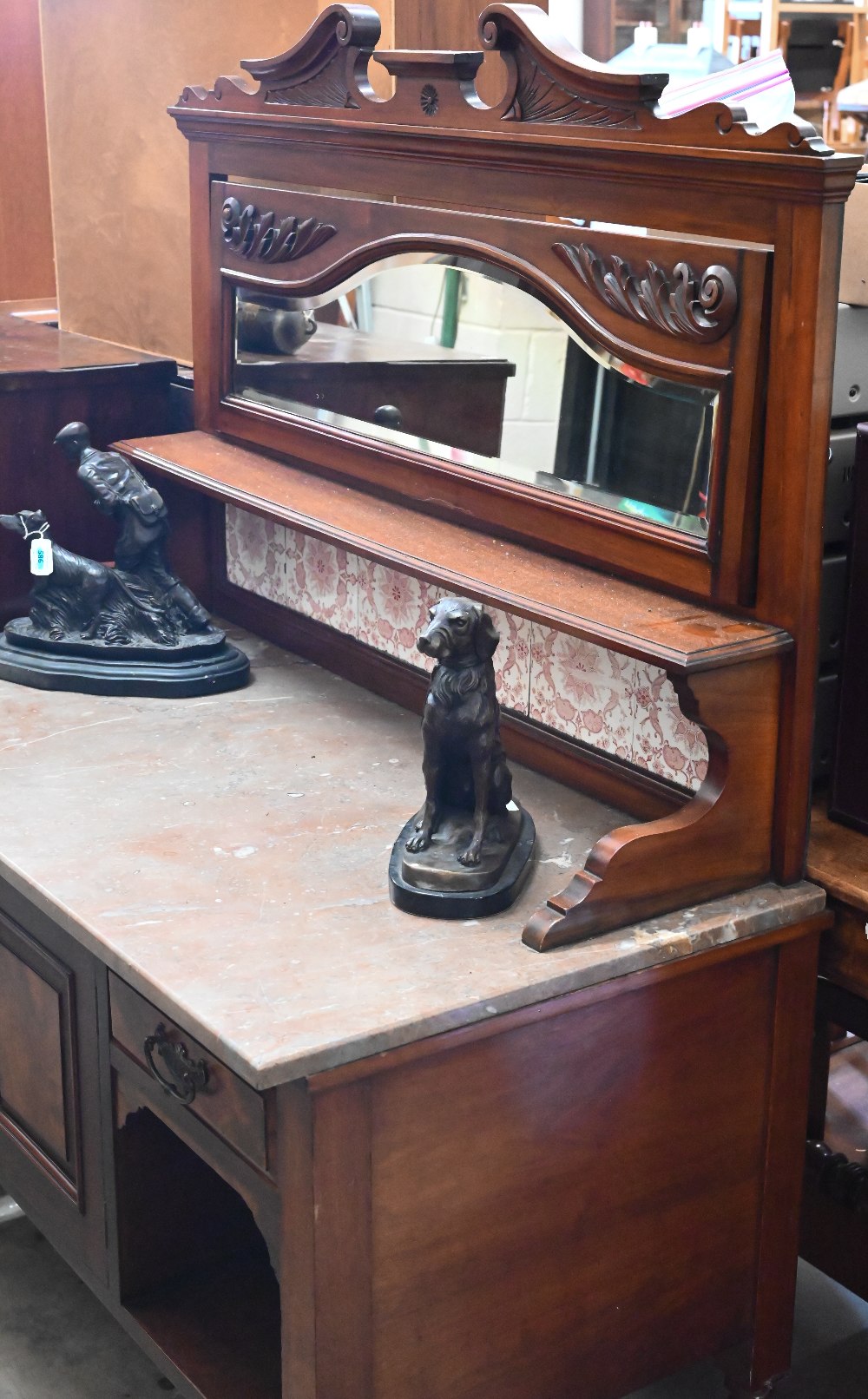 Edwardian walnut marble top washstand with tiled and mirrored raised back, 102 cm wide x 54 cm - Image 2 of 6