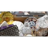 Various decorative glassware, decanters, ceramics, evening bags, brass iron, bronze bust etc (2