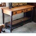 A South African yellow wood hall table with two frieze drawers, stained turned handles and supports,