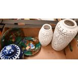 Two Asian reticulated ceramic lamp-bases, to/w a blue and white globular jar and cover, a blue and