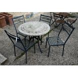 A weathered five piece composite stone and steel framed terrace set comprising a circular table