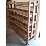 Vintage pine ceramics studio drying rack with five open slatted shelves, on metal casters, 120 cm
