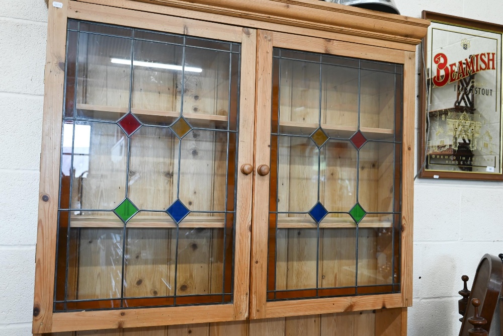 A vintage waxed pine dresser, the raised back with leaded and stained glass doors on base with two - Image 3 of 4