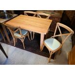 An oak table on square legs, 120 cm x 80 cm x 76 cm h to/with a set of four JB Global Thonet style