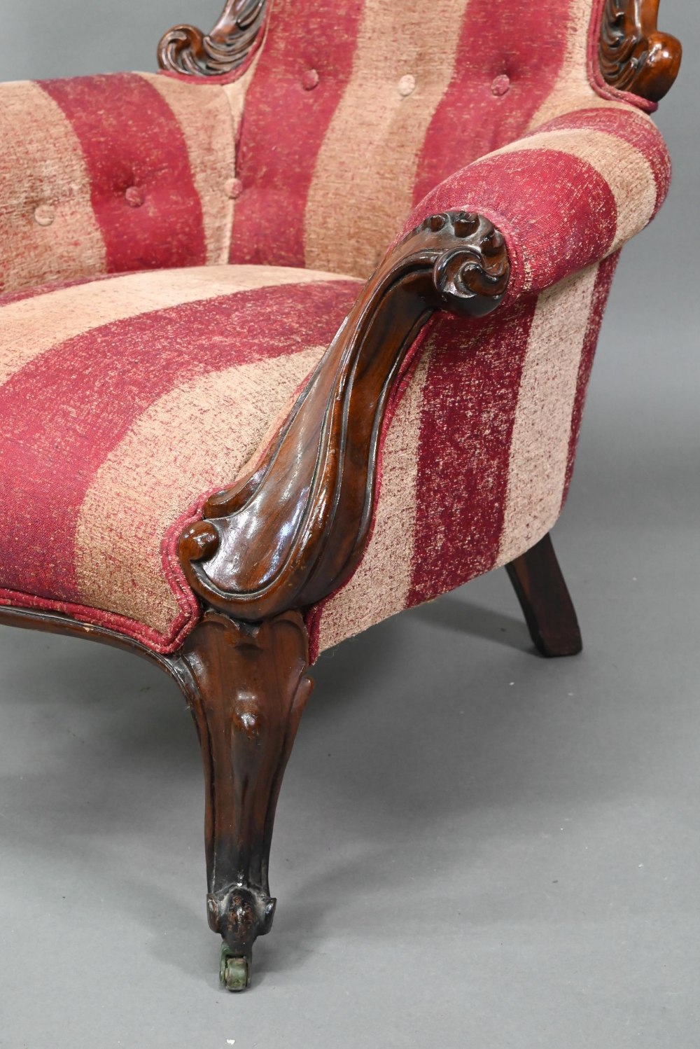 A late Victorian rosewood show framed salon chair, with later button upholstered covers, the front - Image 2 of 6