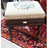 Victorian rosewood height adjustable piano stool with floral tapestry seat, stamped 'Brooks