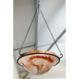 A vintage copper-plated ceiling lightshade with marbled glass bowl, 37 cm diam