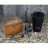 Vintage 'Jones Brothers' metal ditty box to/w coal bucket and various fire tools