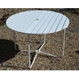 A painted slatted wood circular folding garden table on metal base, 100 cm diam x 65 cm high