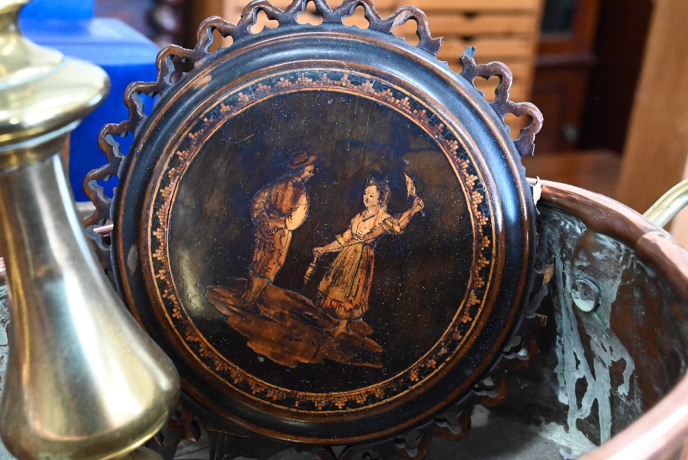 A pair of spiral-turned oak candlesticks and comport, a brass candlestick, copper pan, pair of - Image 3 of 3